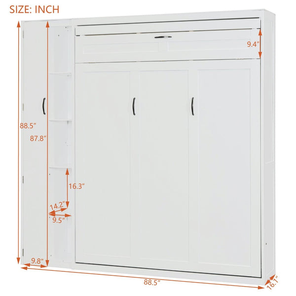 English Elm Queen Murphy Wall Bed with Led Lighting Open Shelves and Wardrobe Cabinet Storage White LP000899AAK-1