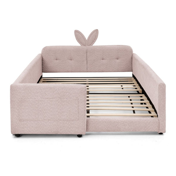English Elm Full Size Boucle Platform Bed Whimsical Rabbit Ear Headboard with Safety Rail Pink W1413S00136