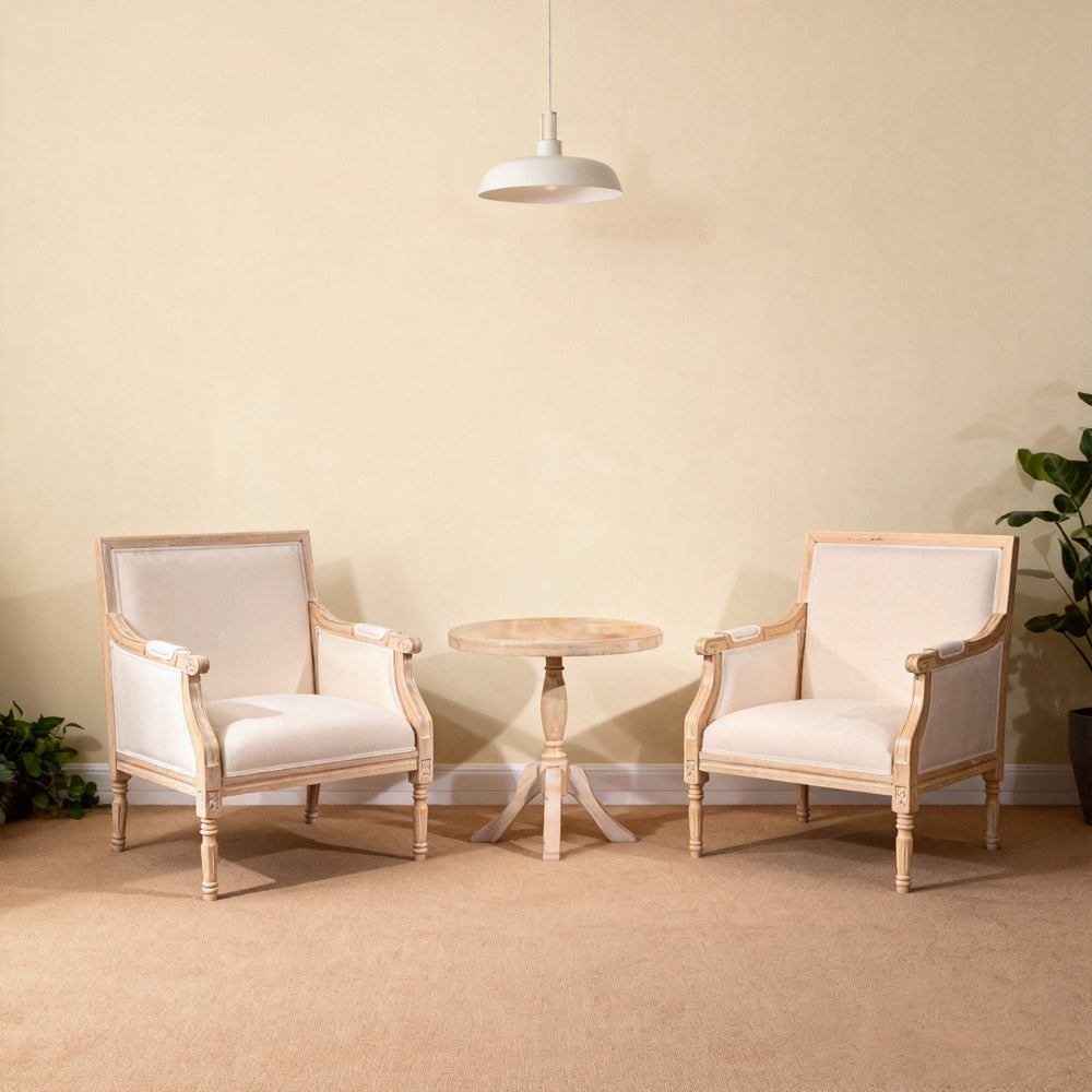 English Elm French Accent Chair Solid Wood Frame with Beige Linen Cushion Distressed Finish for Cozy Style W3426P385581