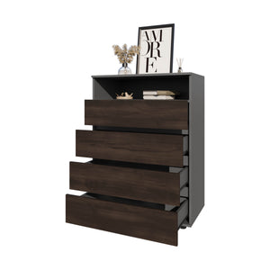 English Elm Tokio 4 Drawer Dresser with Open Shelf - Stained Walnut Modern Chest, Ample Storage, Sleek Contrast Finish B128P343765