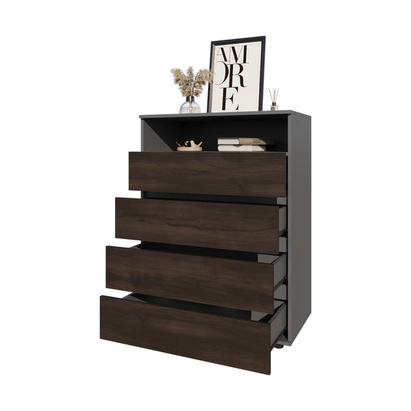 English Elm Tokio 4 Drawer Dresser with Open Shelf - Stained Walnut Modern Chest, Ample Storage, Sleek Contrast Finish B128P343765
