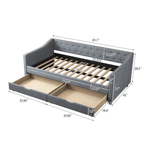 English Elm Twin Size Daybed With Drawers - Elegant Light Grey Upholstered Sofa Bed, Tufted Design & Storage W2336S00039-GIGA