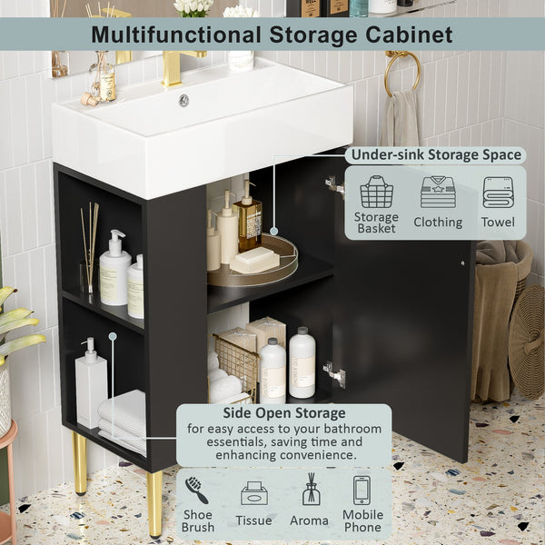 English Elm 21.6" Black Bathroom Vanity with Ceramic Sink, Left Side Storage, Gold Legs, Soft-Close Hinges and Triple-Coat Finish SV000007AAB