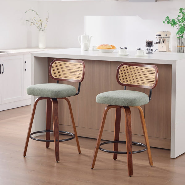 English Elm Set of 2 Swivel Counter Stools Walnut Frame Rattan Back Linen Seat Kitchen Island Light Green W1143P392172