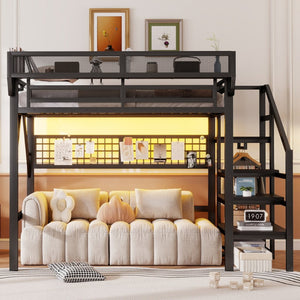 English Elm Full Metal Loft Bed with Stairs Wardrobe Rgb Lighting and Storage for Teens W2580S00066