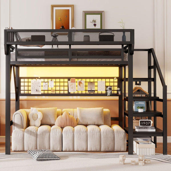 English Elm Full Metal Loft Bed with Stairs Wardrobe Rgb Lighting and Storage for Teens W2580S00066