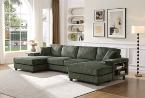 English Elm Convertible U-Shaped Sofa With Storage, Modern Corduroy Design For Spacious Living Rooms, Green W1793S00029