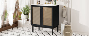English Elm 30-inch bathroom vanity with handwoven rattan doors, ceramic sink, soft-close hinges, black bamboo elegance N729P285517B