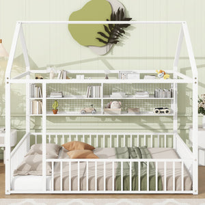 English Elm Full Metal House Bed Frame Full Size with Built-In Fence and 4 Grid Shelves for Durable Storage and Style White N737P175361K