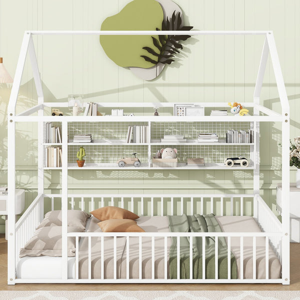 English Elm Full Metal House Bed Frame Full Size with Built-In Fence and 4 Grid Shelves for Durable Storage and Style White N737P175361K