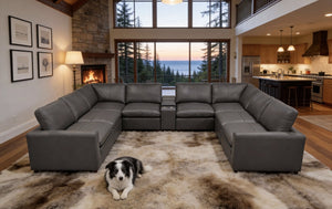 English Elm Leather Match Modular Sectional with Integrated Console and Generous Living Room Seating Blue Gray B2748S00174