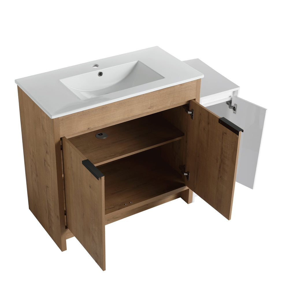 English Elm 48 Inch Freestanding Bathroom Vanity With Soft-Close Doors, Ceramic Sink & Ample Storage Space W999S00311
