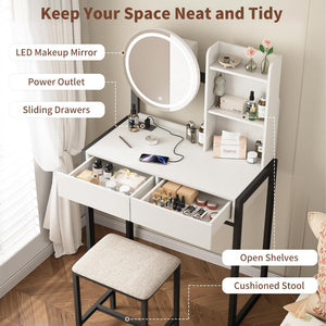 English Elm Small Bedroom Vanity Desk with Led Mirror Cushioned Stool Power Outlet and Storage White+Black W3587P462333