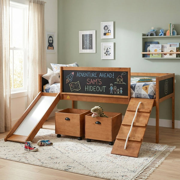 English Elm Twin Kids Loft Bed Solid Pine Frame with Slide Chalkboard and Climbing Rope Play Zone Natural N708P340493D