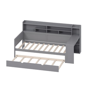 English Elm Wooden Twin Daybed with Trundle, Built-In Desk and Side Storage Shelves for Space-Saving Living Gray 54.4 L x 18 W x 5.6 H N733S242275E