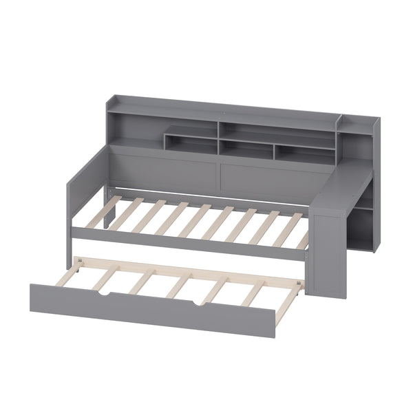 English Elm Wooden Twin Daybed with Trundle, Built-In Desk and Side Storage Shelves for Space-Saving Living Gray 54.4 L x 18 W x 5.6 H N733S242275E