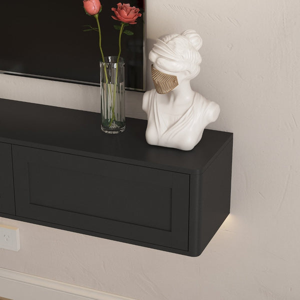 English Elm Floating Wall Mounted Tv Shelf with Led Backlight Gloss Cabinet and Built in Power Strip Black W1321P391262