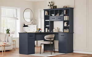 English Elm L-Shaped Corner Desk with 3 Cabinets, 2 Drawers & 11 Shelves, Built-In Power Outlet for Home Office Antique Blue W1580S00190