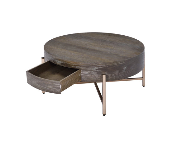 English Elm Light Brown Drum Coffee Table with Single Drawer and Champagne Base — Oak Veneer, Modern Storage Elegance B062P209129