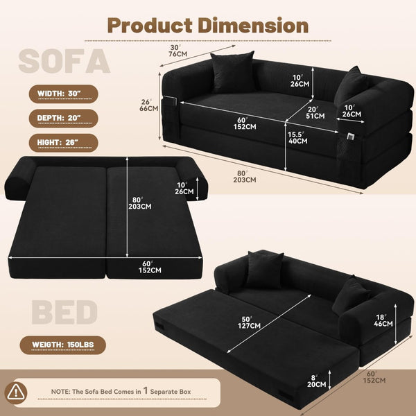 English Elm Convertible Corduroy Sleeper Sofa Queen Fold Out Bed with Dual Storage Pockets Dark Gray W3396P483183