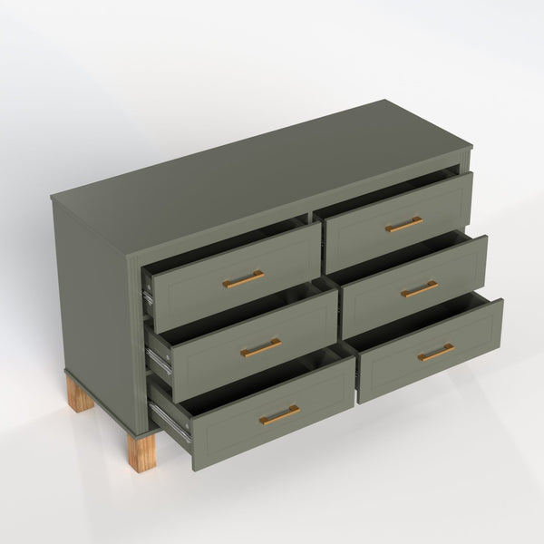 English Elm 6-drawer Double Dresser Solid Wood Legs Mid-century Modern Bedroom Storage Cabinet Olive W1445S00005