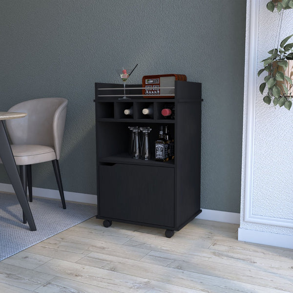 English Elm Fm Furniture Crozier Rolling Bar Cart with Wine Rack Cabinet and Warm Macadamia Finish B128P321057