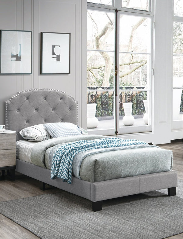 English Elm Light Gray Burlap Upholstered Twin Bed with Button Tufted Headboard and Nailhead Trim Light Gray B011P415177