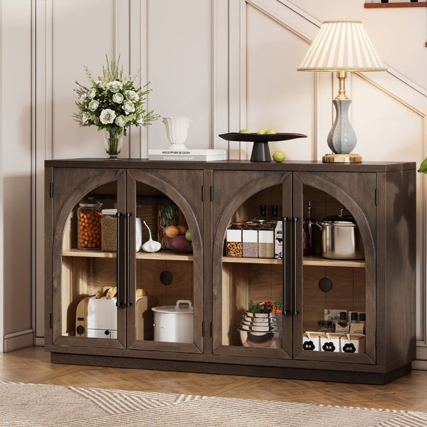 English Elm Trexm Arched Glass Door Buffet Sideboard Oak Veneer Storage Cabinet for Dining Room Espresso XW000021AAP-2026