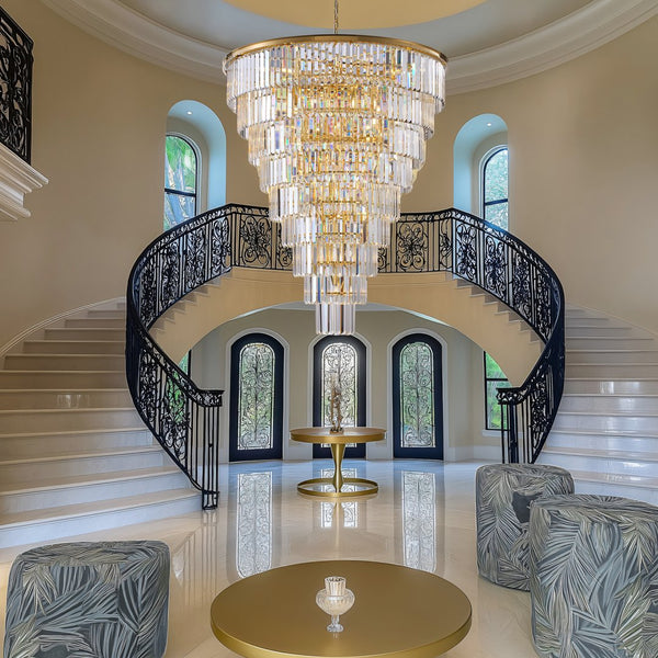 English Elm 48-Inch Gold Tiered Crystal Chandelier — 45-Light E12, 580 Crystal Rods, Mirror Finish, Dramatic Foyer Statement W2869S00030