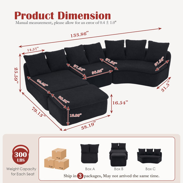 English Elm 133'' Modular U-shaped Sectional Chenille Sofa with Removable Recliner for Spacious Rooms Black W2231S00055