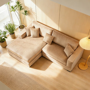 English Elm Mid Century Modern 3 Seater Sectional Sofa with Reversible Chaise and Accent Pillows Brown W876S00348