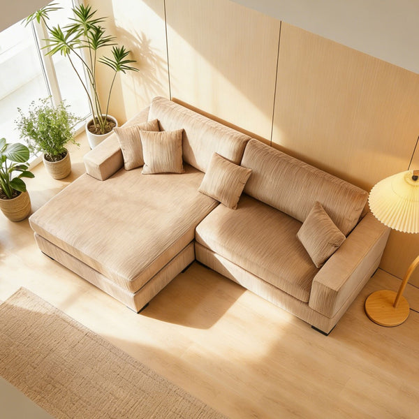 English Elm Mid Century Modern 3 Seater Sectional Sofa with Reversible Chaise and Accent Pillows Brown W876S00348