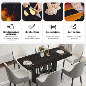 English Elm 63" Modern Artificial Stone Dining Table With Curved Edges - Seats 6, Durable Black Iron Legs W1535S00433