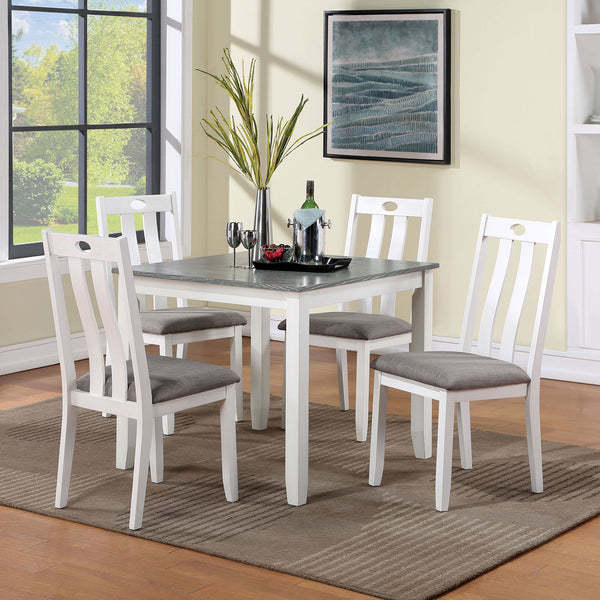 English Elm Modern White 5pc Dining Set with Gray Linen-Like Cushions, Two-Tone Solid Wood Table & Chairs, Transitional Design B011P230001