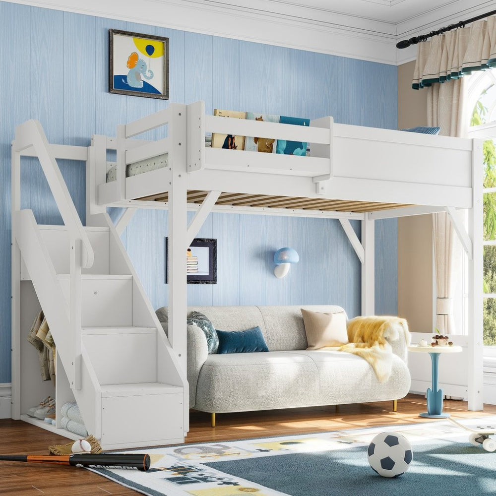 English Elm Twin Low Loft Bed Solid Pine Frame Kids Study Desk Blackboard Storage White Light White W1580S00466