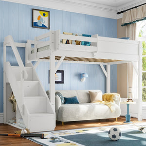 English Elm Twin Low Loft Bed Solid Pine Frame Kids Study Desk Blackboard Storage White Light White W1580S00466
