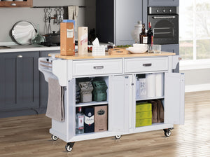 English Elm Kitchen Island Rubber Wood Countertop Mobile Cart with Towel & Spice Racks, Drawers, Storage Wheels White W914P147990