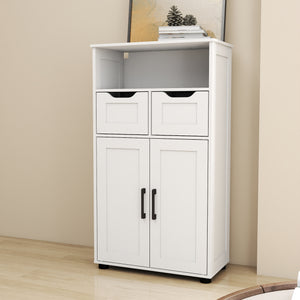 English Elm Farmhouse White Storage Cabinet with Adjustable Shelves, Double Doors, Drawers & Open Display Space W3151P288898