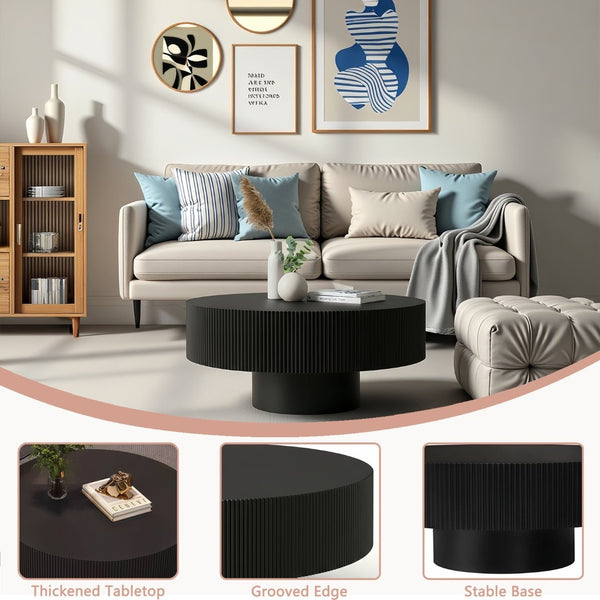 English Elm Round Fluted Pedestal Coffee Table Mid Century Mdf Base for Compact Living Spaces W3204P390987