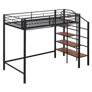 English Elm Twin Metal Loft Bed with Upper Grid Storage Shelf and 4-Layer Ladder Shelves for Space Saving Black SF100081AAB
