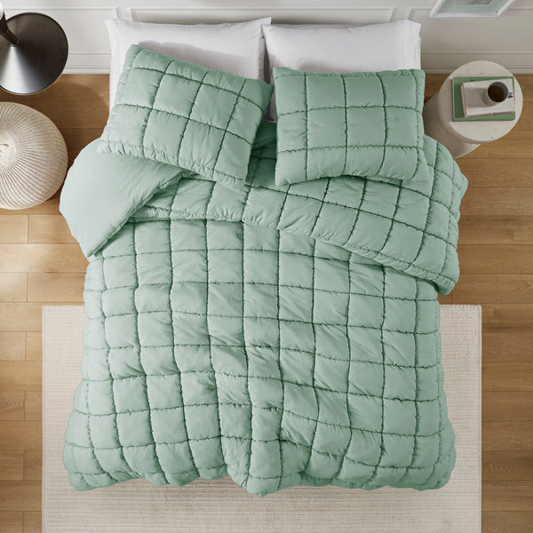 JLA Home Intelligent Design - Down Overfilled Alternative Comforter Set with 3D Puff Stitching, Crinkled Quilt & OEKO‑TEX Safety Sage ID10-2304