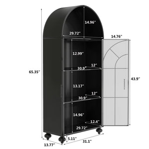 English Elm Modern Arched Storage Cabinet Antique Black Steel & Tempered Glass Doors Industrial Farmhouse Display W3122P272652