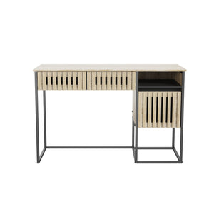 English Elm Fluted,Desk,Computer sleek natural+black slatted storage desk with 2 drawers & cabinet, MDF metal frame, versatile modern workspace solution W2673P209539
