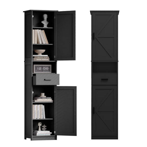 English Elm 69" Tall Bathroom Storage Cabinet with Barn Doors and Drawer, Slim 7-Shelf Floor Unit for Small Spaces Black W3457P336684