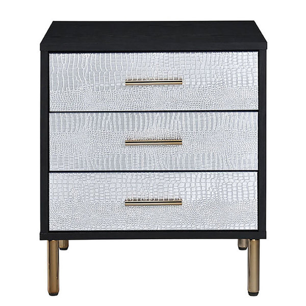 English Elm Black, 3-Drawer Nightstand with Decorative Fronts, Metal Glides, 2/3 Extension, Sleek Black Silver Gold Finish B062P189251