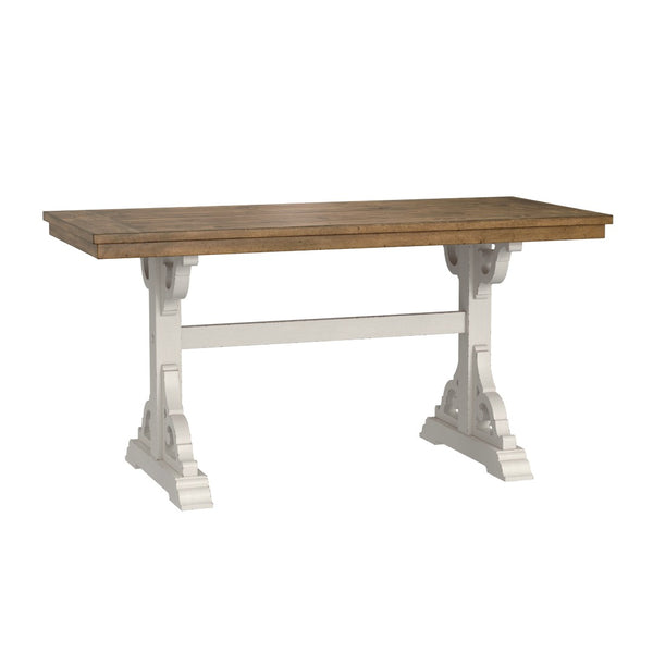 English Elm Wallace & Bay - Brown Farmhouse Trestle Gathering Table - Rustic Dark Pine Top & Weathered White Base For Dining Spaces B361P384403-GIGA