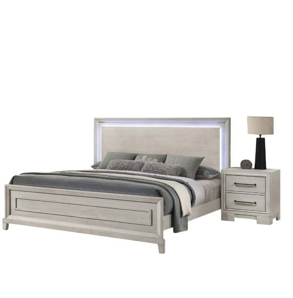 English Elm Elegant Queen Platform Bed with Led Headboard in Antique White for Bedroom B011S02074