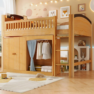 English Elm Twin Loft Bed with Wardrobe Cabinet Led Lighting and Pine Frame for Kids Rooms Wood N7090002236M