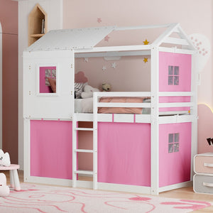 English Elm Twin Treehouse Bunk Bed Solid Pine Playhouse Frame with Cozy Canvas Tent Hideaway LT000379AAH-1