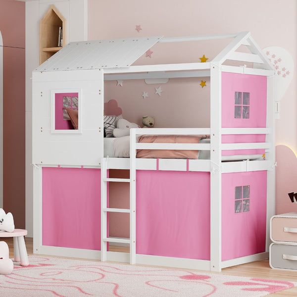 English Elm Twin Treehouse Bunk Bed Solid Pine Playhouse Frame with Cozy Canvas Tent Hideaway LT000379AAH-1